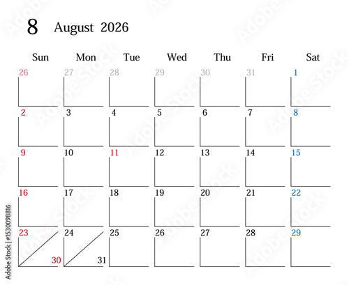 2026年8月、日本のカレンダー