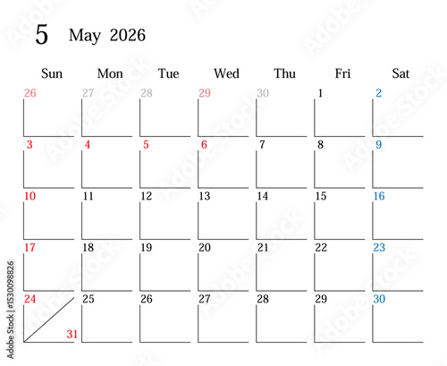 2026年5月、日本のカレンダー
