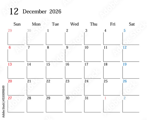 2026年12月、日本のカレンダー
