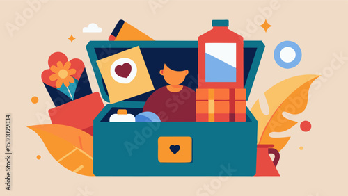 Happy Memories in a Box A persons cherished belongings such as photos trinkets and souvenirs can be p in a special box to bring joyful memories back to life.. Vector illustration