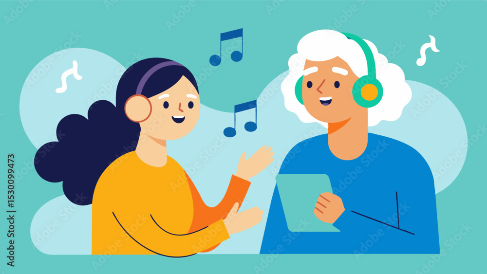 An elderly woman and her caregiver engaging in music therapy listening to calming music to reduce anxiety and promote relaxation for improved brain health.. Vector illustration An elderly woman and her caregiver engaging in music therapy listening to calming music to reduce anxiety and promote relaxation for improved brain health.. Vector illustration