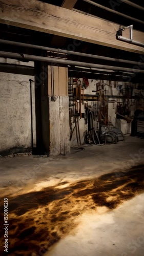 Dark liquid substance spreading on concrete floor in unfinished room with visible beams and cement blocks, leak concept