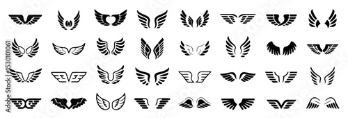 Set of black and white stylized wing icons in various symmetrical designs, arranged in a grid on a white background, featuring abstract, angelic, and geometric wing shapes for creative use.