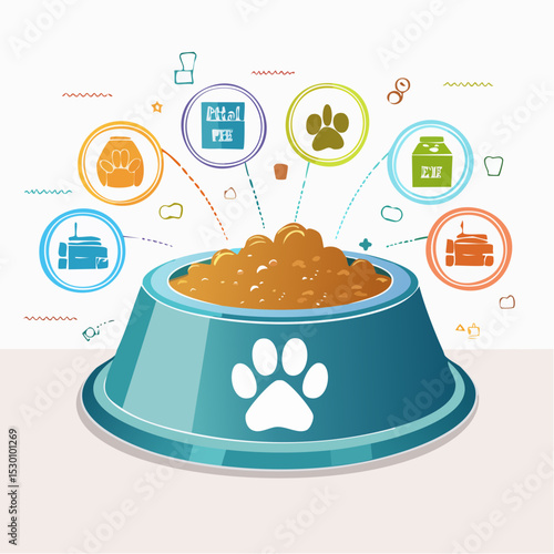 Friendly vector of a pet food bowl and icons with space for brand text.