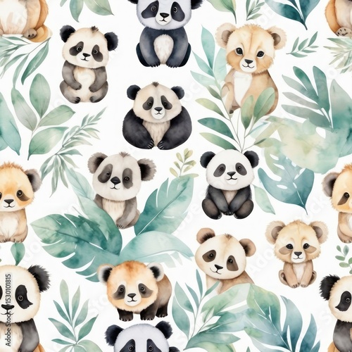 Adorable Watercolor Pandas and Lion Cubs Seamless Pattern