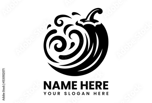 Stylized black chili pepper vector logo with abstract swirling heat waves for spicy food branding