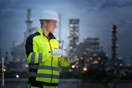Industrial worker using laptop at night in a refinery environment
