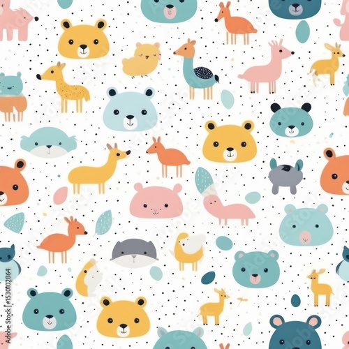 Adorable Seamless Pattern with Cute Animal Faces Perfect for Kids' Products