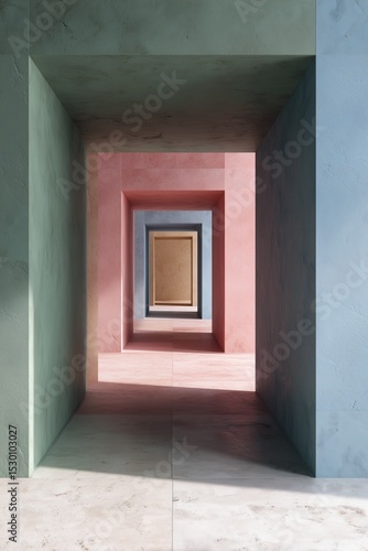 A pastel hallway with a series of archways  creating a depth and light-filled perspective. Minimalist design in soft hues.