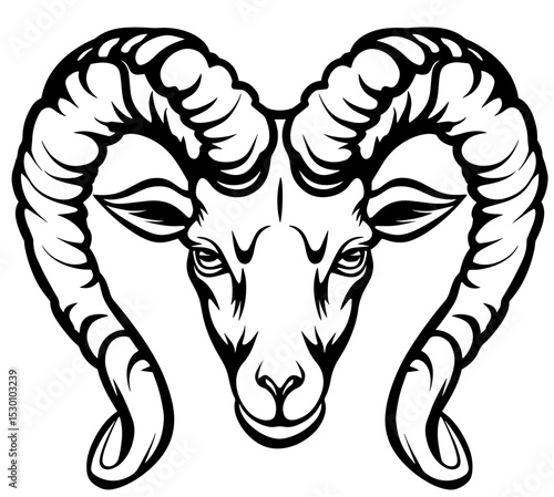 Symbolic representation of Aries zodiac sign with elegant minimalistic black line design showcasing powerful horns and fierce expression