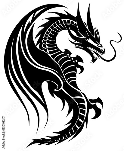 Intricate black and white dragon tattoo design showcasing fierce elegance and powerful symbolism in a detailed vector format