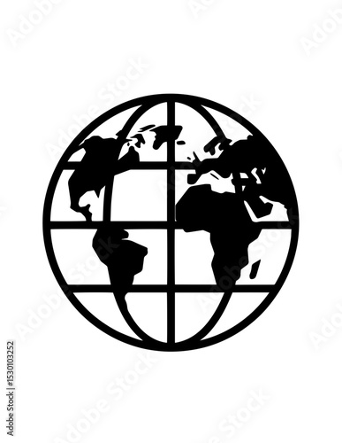 Minimalist black line art depicting the globe with a focus on continents and latitude-longitude grid design