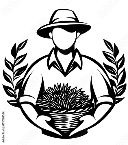 Stylized farmer holding a basket of fresh produce surrounded by lush greenery at sunset