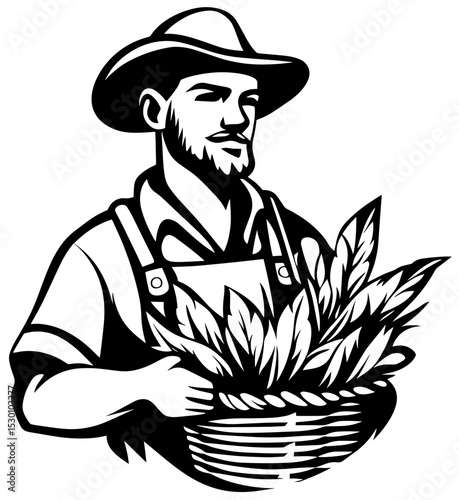 Stylized farmer carrying a basket of fresh harvest in a vibrant countryside setting during a sunny day