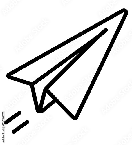 Elegant black line art representation of a paper plane soaring through the air, symbolizing creativity and adventure in flight