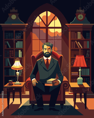 A wealthy gentlemans study filled with luxurious furnishings and the soft glow of gaslights creating a false sense of comfort and security.. Vector illustration