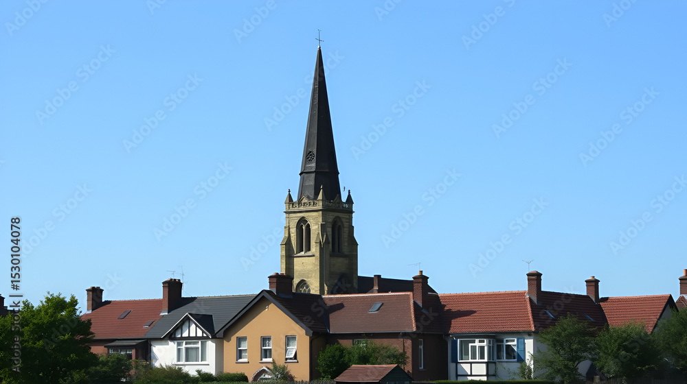 Obraz premium an old church tower is towering over a row of houses