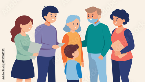 Adult siblings meeting with their nieces and nephews to explain their parents endoflife plans and requests ensuring that everyone is on the same page.. Vector illustration
