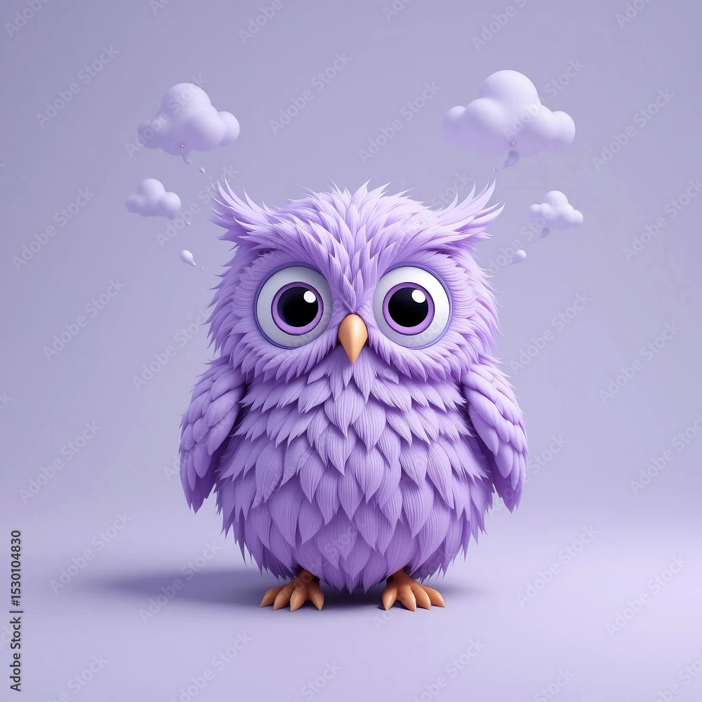 Fototapeta premium Cute Purple Owl with Big Eyes and Thought Clouds on Lavender Background