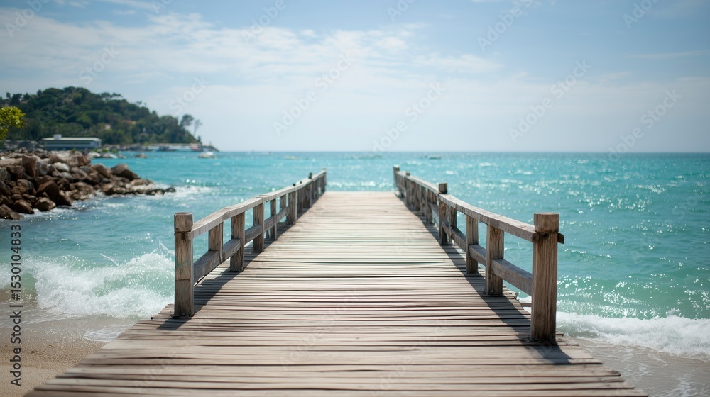 Wooden dock stretching into turquoise waters, serene beach backdrop. Tranquil escape into nature's beauty. Wooden dock stretching into turquoise waters, serene beach backdrop. Tranquil escape into nature's beauty.