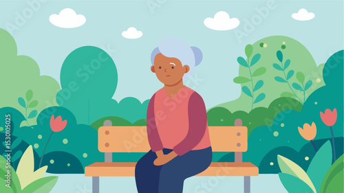 An elderly person with a look of contentment on their face sitting on a bench in a garden filled with medicinal plants. Spending time in a healing garden has been shown to boost. Vector illustration