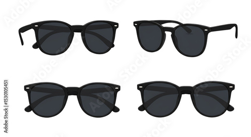 Four views of black round sunglasses isolated on white background
