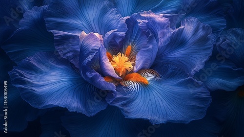 Close-up of blue iris flower with orange center indoors