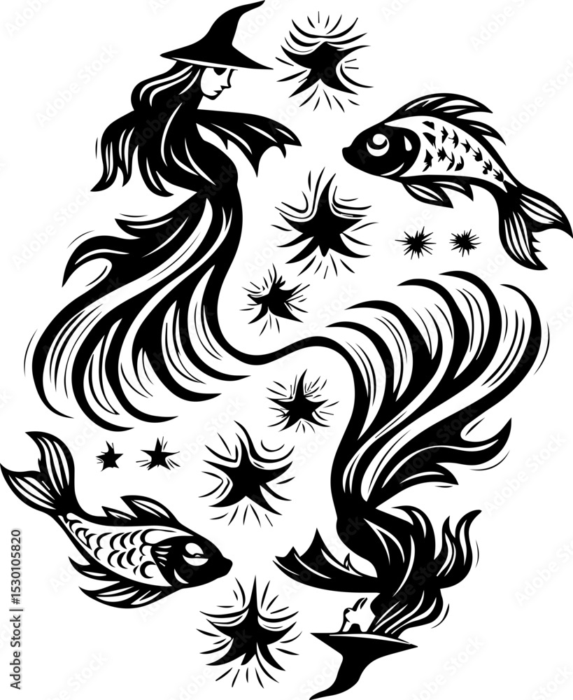 Fototapeta premium Sea witches summon ocean magic weaving mystic sorcery through mythical tides. Enchanting Witch and Fish in Mystical Black and White Design