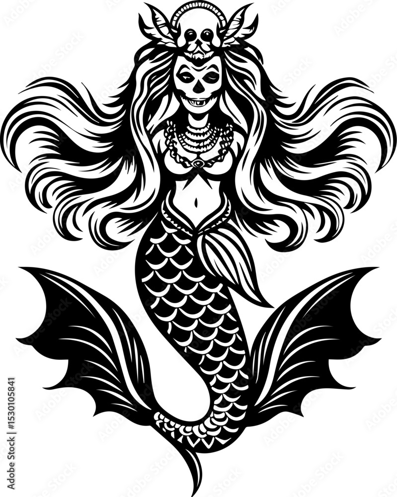 Obraz premium Sea witches summon ocean magic weaving mystic sorcery through mythical tides. Mysterious Mermaid with Skull Crown and Intricate Hair Design