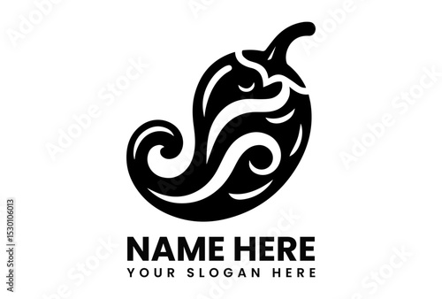Stylized black silhouette vector logo of a chili pepper with swirling heat lines representing spicy food