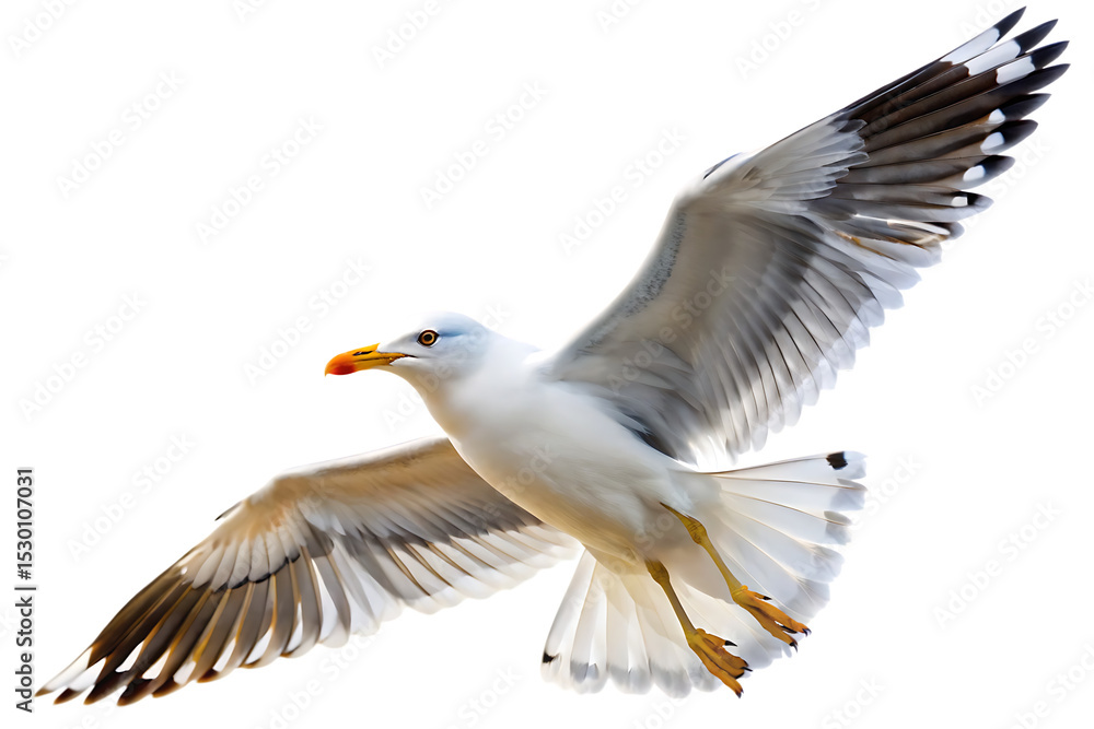 Obraz premium Majestic seagull in flight isolated - on - a - white background PNG. GENERATIVE AI