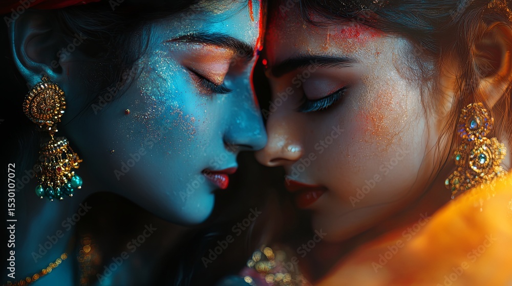 Obraz premium Colorful Face Painted Women in Lord Krishna Portrait