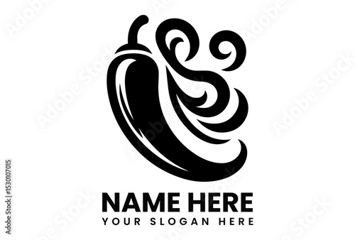 Stylized black silhouette vector logo of a chili pepper with swirling lines indicating heat and spice. Food and cooking concept