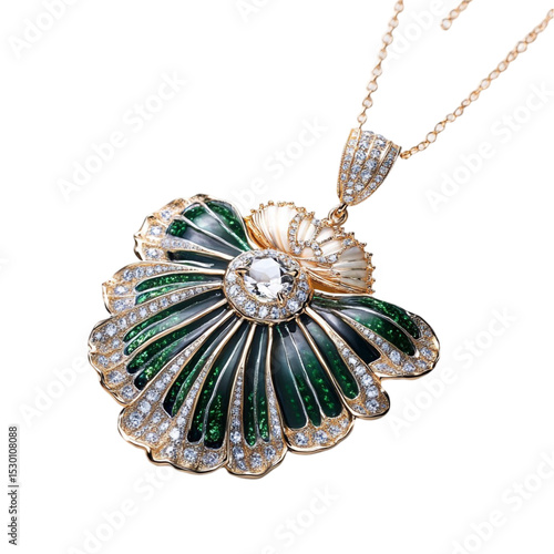 Elegant green and gold seashell pendant necklace featuring diamonds