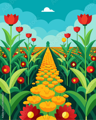 A field of vibrant red and yellow wildflowers planted in between rows of cash crops attracting pollinators and promoting biodiversity.. Vector illustration