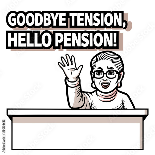 Smiling woman waving goodbye at a desk