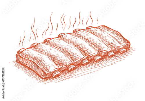 Barbecue Ribs with Smoke Lines, Hand-Drawn Sketch – BBQ Food Graphic for Restaurant Menus, Recipe Illustrations, Packaging, Advertising  