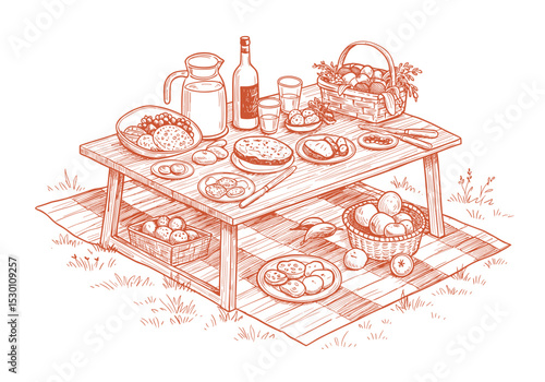 Picnic Table with Food and Drinks in Outdoor Setting, Hand-Drawn Terracotta Line Sketch – Summer BBQ Picnic Scene, Outdoor Gathering Concept for Menus, Event Invitations, Food Packaging, Promotional M