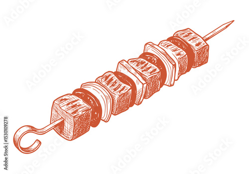 Grilled Meat and Vegetable Skewer, Detailed Terracotta Line Sketch – BBQ Cuisine Graphic for Menus, Recipe Books, Food Packaging, Advertising Material