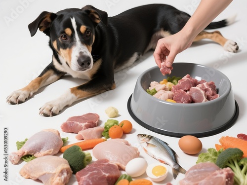 A dog lying on the floor with raw meat, fish, and vegetables next to it.
