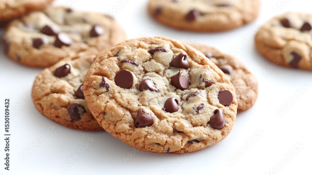Close-up captures the delightful textures and rich chocolate chips of golden brown, freshly baked cookies, Close-up captures the delightful textures and rich chocolate chips of golden brown, freshly baked cookies,