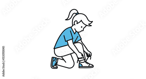 A cartoon girl tying her shoes, preparing for an activity.