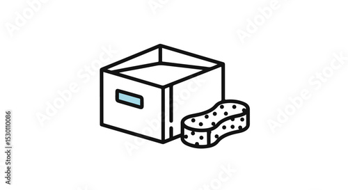Cleaning illustration featuring a box and a sponge, symbolizing tidiness and order. 