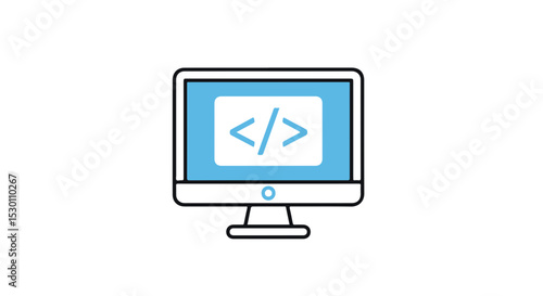 Stylized illustration of a monitor displaying code tag on a white background.
