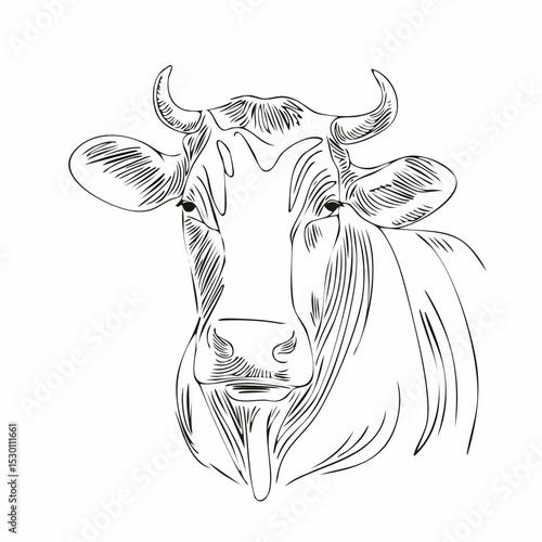 Cow Vector Illustration. Drawing of farming animal painted by black inks in outline style. Line art for dairy product. Linear sketch for milk production.
