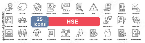 HSE icon collection set. Containing safety,health,environment,regulation,training,inspection,risk,policy,protocol,incident icon. Simple line vector