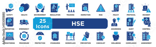 HSE icon collection set. Containing safety,health,environment,regulation,training,inspection,risk,policy,protocol,incident icon. dual tone vector