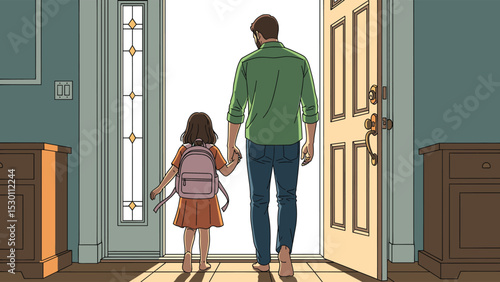 Father and Daughter Walking Out the Door Illustration, Going to School or Adventure