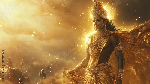 Golden Lord Krishna Warrior with Sword on Battlefield