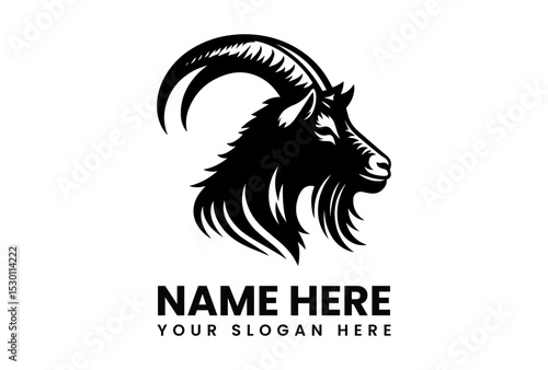 Detailed black silhouette vector logo of a strong goat head with large curved horns, suitable for farming or agriculture themes. Animal concept